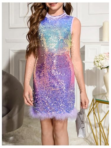Floerns Girl's Sparkly Sequin Dresses Sleeveless Birthday Fuzzy Trim Tank Dress4