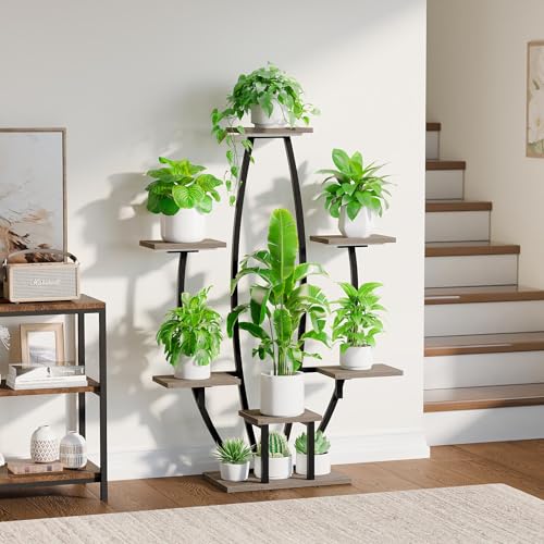 Image of Plant Stand Indoor with Grow Lights - 7 Tiered Corner Plant Shelf Indoor, 47 inch Tall Plant Stands for Indoor Plants Multiple, Metal Plant Rack Flower Holder for Living Room, Home Decor, Oak Grey