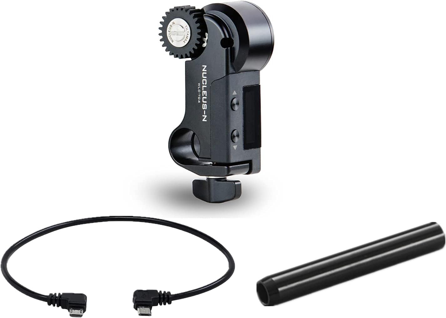 Close-up of the Nucleus-Nano Motor, Micro USB power cable, and 15mm rod.