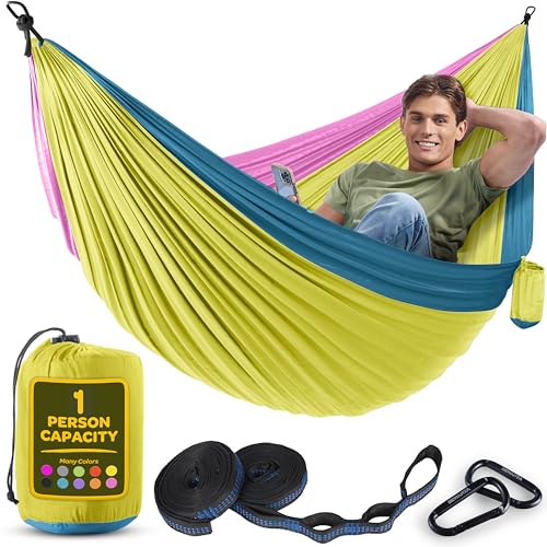 Image of Durable Hammock 400 lb Capacity, Nylon Camping Hammock Chair - Double or Single Sizes w /Tree Straps and Attached Carry Bag - Portable for Travel /Backpacking /Beach /Backyard (Medium, Yellow & Blue)