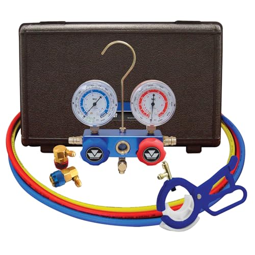 Mastercool 89660-PRO5 Automotive R134a 2-Way Manifold Gauge Set with 3-in-1 Can Tap Valve – U.S. Designed, Assembled, and Tested – Includes 60
