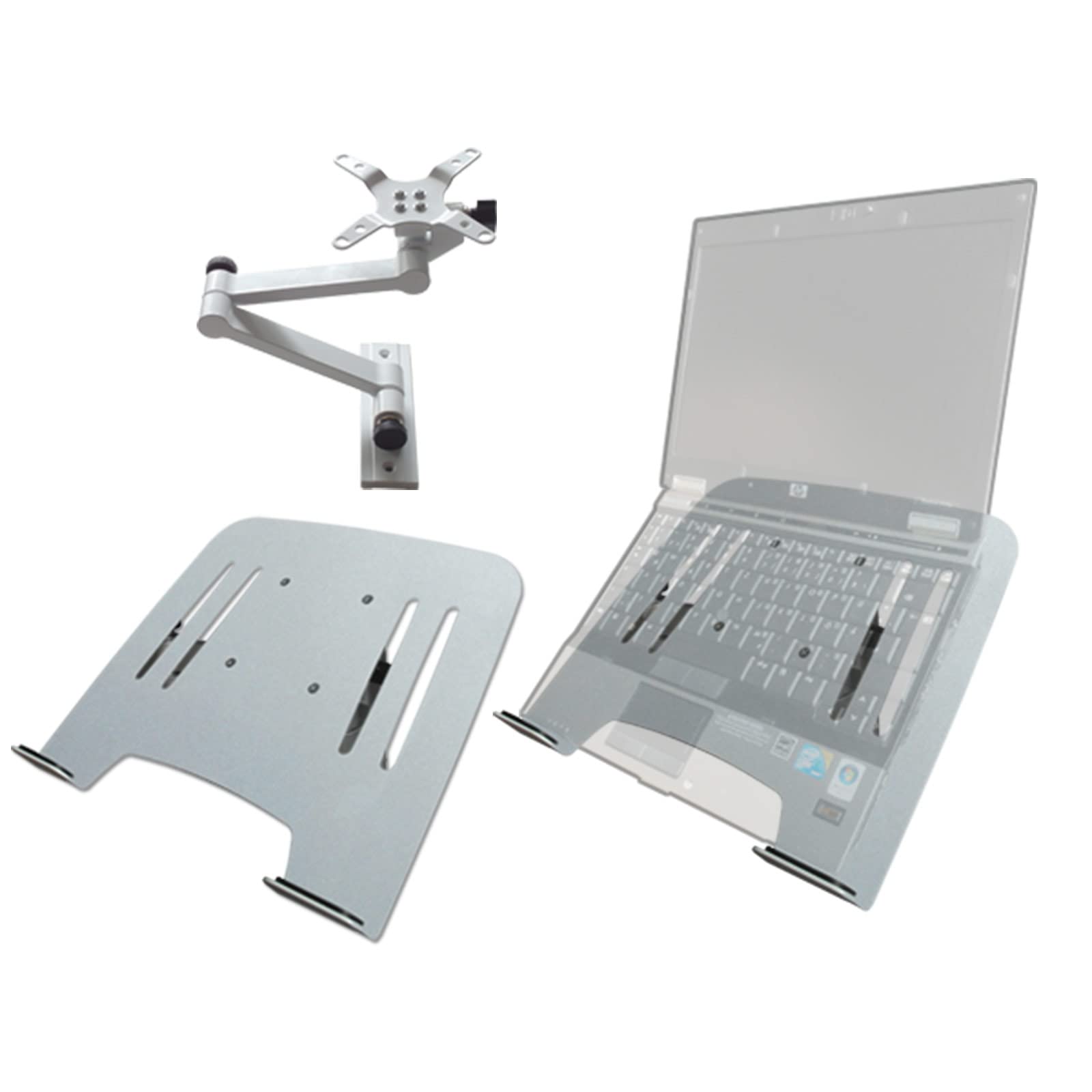 Drall Soporte de Montaje en Pared para computadora portátil (Aprobado por TÜV SÜD) Blanco con Adaptador de portátil Bandeja de Placa Plata Modelo: L52W-IP3S