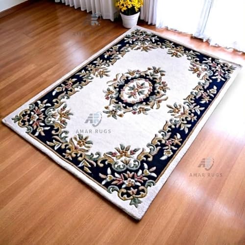 Tapete decorativo de lana hecho a mano 8x10 ft azul oscuro miniatura 1