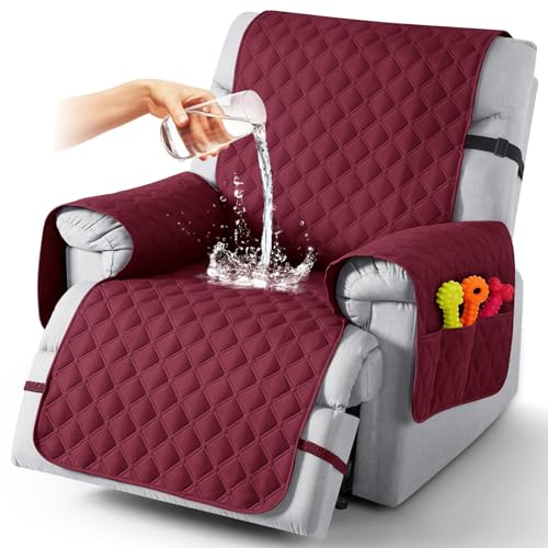 Image of TAOCOCO 100% Waterproof Recliner Covers, Recliner Sofa Covers with Leg Straps, Reversible Recliner Couch Cover for Reclining Chair, Washable Couch Protector for Pets Kids(1 Seater 28 inch, Wine)