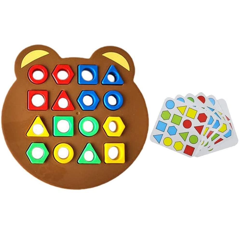 Shape Matching Game, Wooden Puzzles Shape Color Matching Board Games, Parent-Child Interactive Board Game for Kids Ages 1-8, Cards, Cute Bear Shaped Checkerboard (1-player)