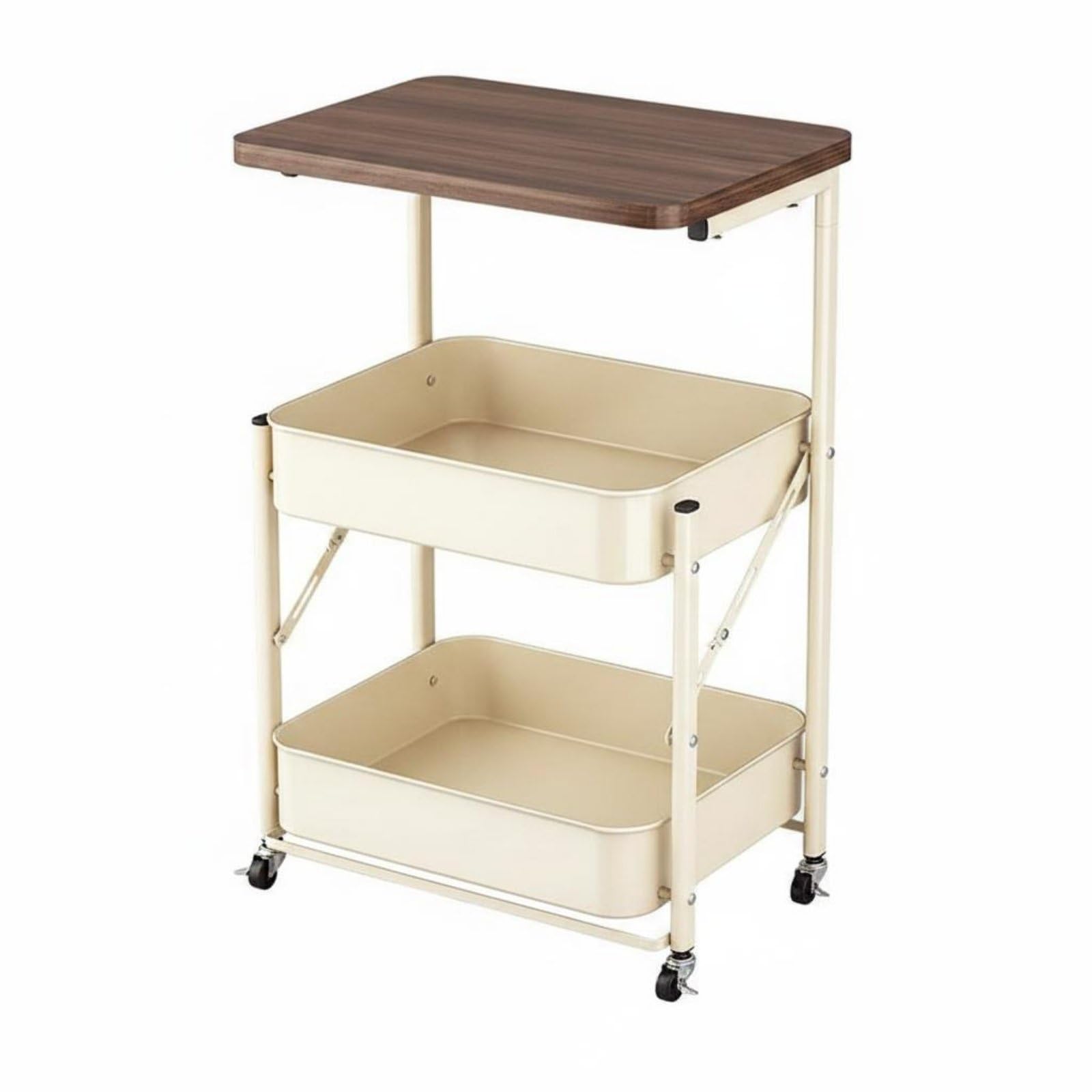 Jiuvaso Carrello Pieghevole Carrello Portaoggetti 3 Ripiani Carrello Portarotelle con Ripiano Superiore in Legno E a Filo Pieghevole Salvaspazio con Ruote, Bianco Crema
