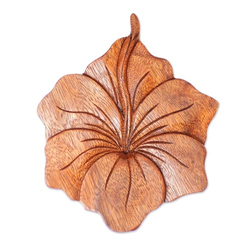 NOVICA Handmade Artisan Wood Relief Panel Single Hibiscus Handcarved Flower