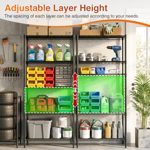 Image of BestOffice | 5-Tier Wire Shelf with Wheels | 14 inch x 30 inch x 60 inch | Black | Storage Shelves Metal Shelving with Adjustable Racks, Holds upto 750 lbs | Rust-Resistant No-Tool Assembly | For Home Garage