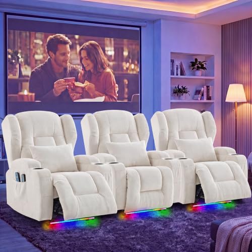 Image of Wall Hugger Power Recliner Chair Set of 3, Overstuffed Home Theater Seating w /Heat Massage Electric Movie Gaming Sofa Reclining Sleeper Chair with LED Light /Lumbar Pillow /Cup Holders