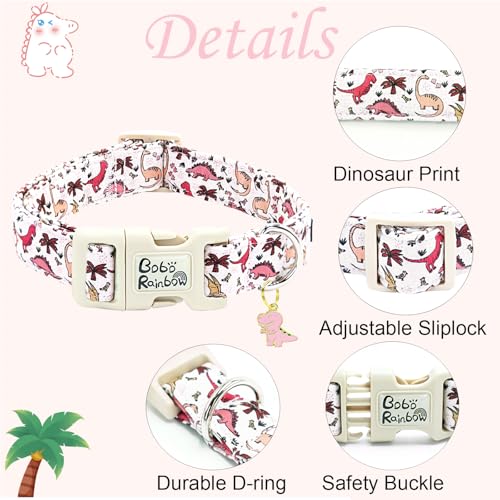 Image of Dog Collar-Pink Dinosaur Print Adjustable Pet Collars Cute Soft Comfortable Cotton Puppy Collar Durable Gift for Small Dogs