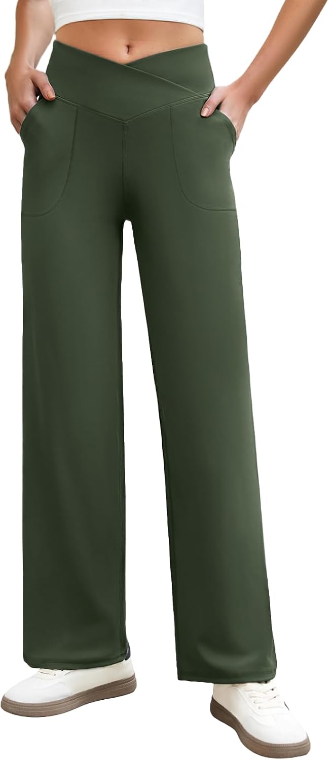 COPYLEAF Wide Leg Crossover Yoga Pants with Pockets – Loose Stretchy