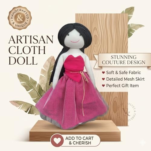 Image of Handcrafted Indian Rag Doll Set, Pink Soft Cotton Fabric Cloth Dolls with Yarn Hair, Traditional South Indian Dolls for Kids, Decor & Gifting