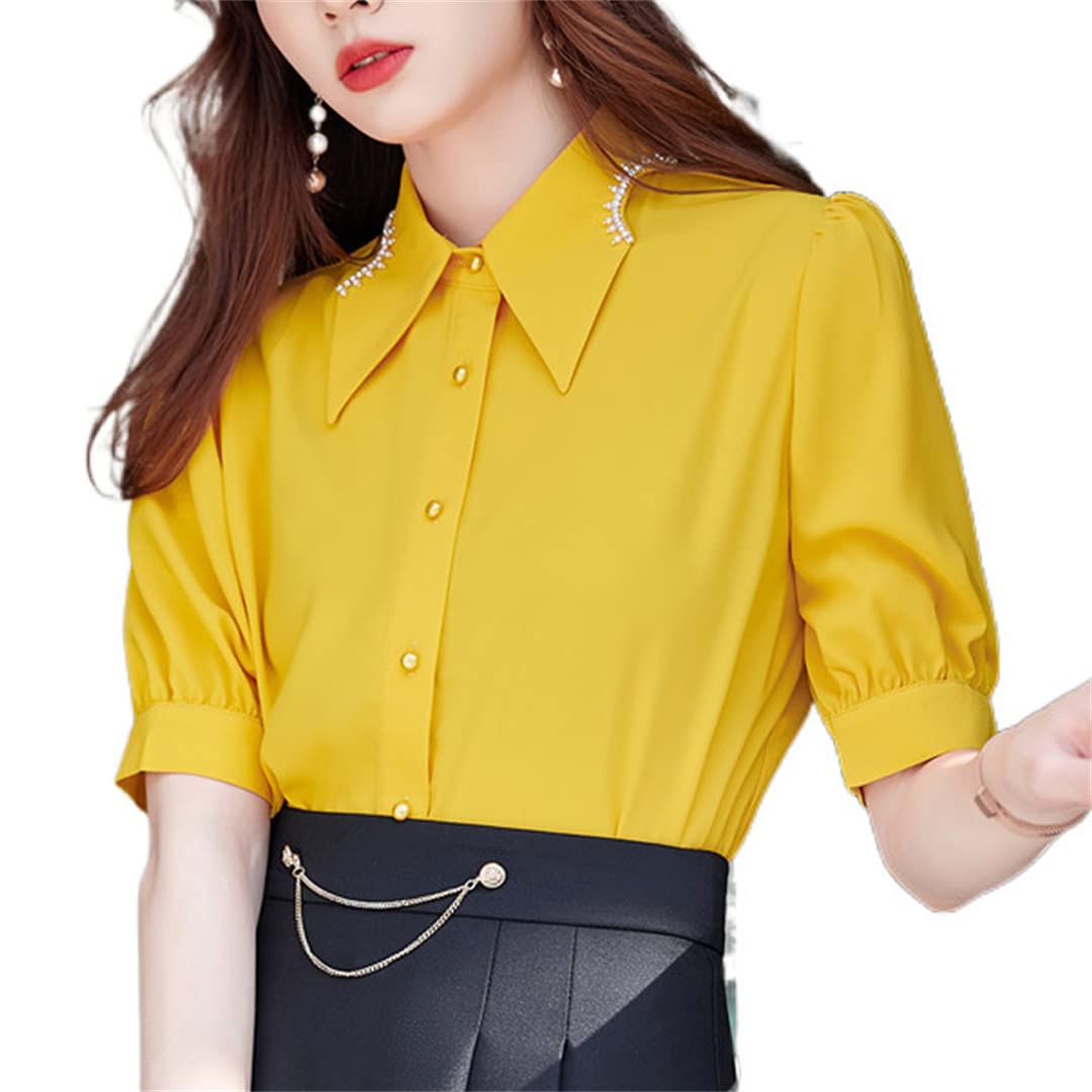Camisa con Botones para Mujer, Manga Corta, Cuello en V, Blusa de Negocios, Blusas de Gasa Informales de Verano Yellow S