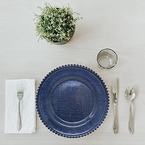 Ms Lovely Cross-Stitch Pattern Glass Charger 12.6 Inch Dinner Plate With Beaded Rim - Set Of 4 - Dark Blue #TOP3