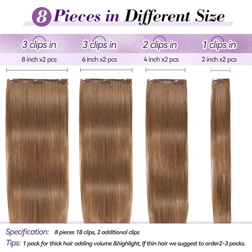 Image of Clip in Hair Extensions Real Human Hair 16 inch 90g /3.2oz Straight Seamless Invisible Human hair Extensions Clip ins for Women Double Weft 8pcs #6-Chestnut Brown