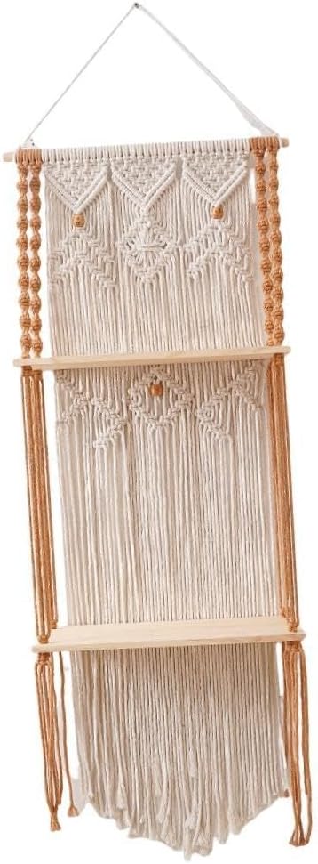 Floating Shelves Bohemian Wall Shelves Hanging Shelf Storage Rack Cotton Rope Hand Woven with Wood Double Tier Design Suitable for Home Decor wall