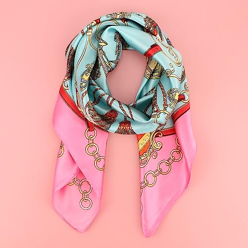 Image of DRESHOW 35 inch Large Square Satin Head Scarf - 4Pcs Silk Accessories Classic Patterned Squares Beach Bandanas for Women