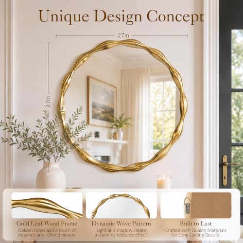 Image of Saliwa 27 Inch Round Gold Wall Mirror with Wood Frame, Modern Decorative Circle Mirror for Bathroom, Bedroom, Living Room, Entryway, Vanity, Dresser and Home Decor