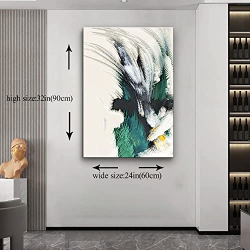 Large Framed Abstract White Green Canvas Wall Art Modern Line Decor Picture Emerald Green Texture Zen Prints Painting For Living Room Office Porch Stair Corner Ready To Hang #TOP3