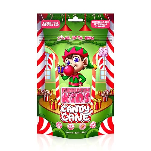 Image of Bubblegum Kids Elf Candy Cane Sugar Free Gum | Sugarless Gum with Xylitol | Vegan, Low Calorie Candy Alternative for Kids & Adults | Christmas Theme | Resealable Bag, 55 Pieces Per Pack, 10 Pack