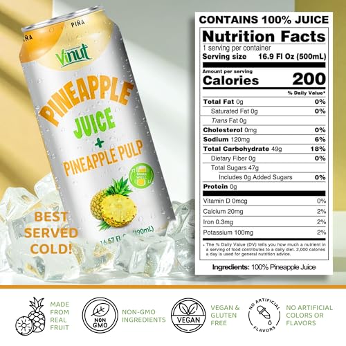 Image of Vinut Natural Pineapple Juice Drink with Pulp, (16.57 fl oz, Pack of 6) - Real Pineapple Juice, No Sugar Added, Gluten Free, GMO-Free