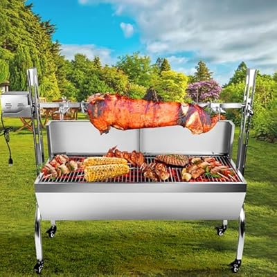 25W Rotisserie Grill With Wind Screen Roaster 48.6 Inch BBQ Outdoor Pig Lamb Rotisserie Roaster 176LBS/80KG Stainless Steel Charcoal Spit Rotisserie Roaster Grill For Camping Outdoor Barbecue