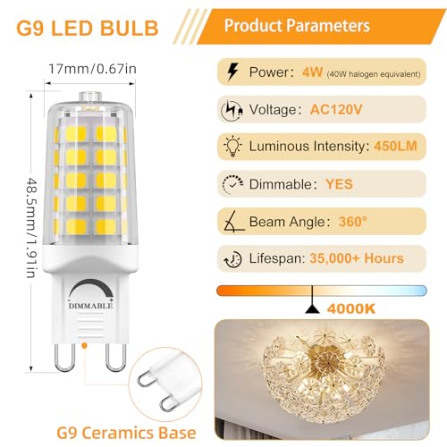 Image of BAOMING G9 LED Bulb Dimmable 4W 4000K Natural White 12 Pack | 40W Equivalent No Flicker, 450LM, Ceramic Base - Ideal for Kitchen, Office, Reading Room, Makeup Area