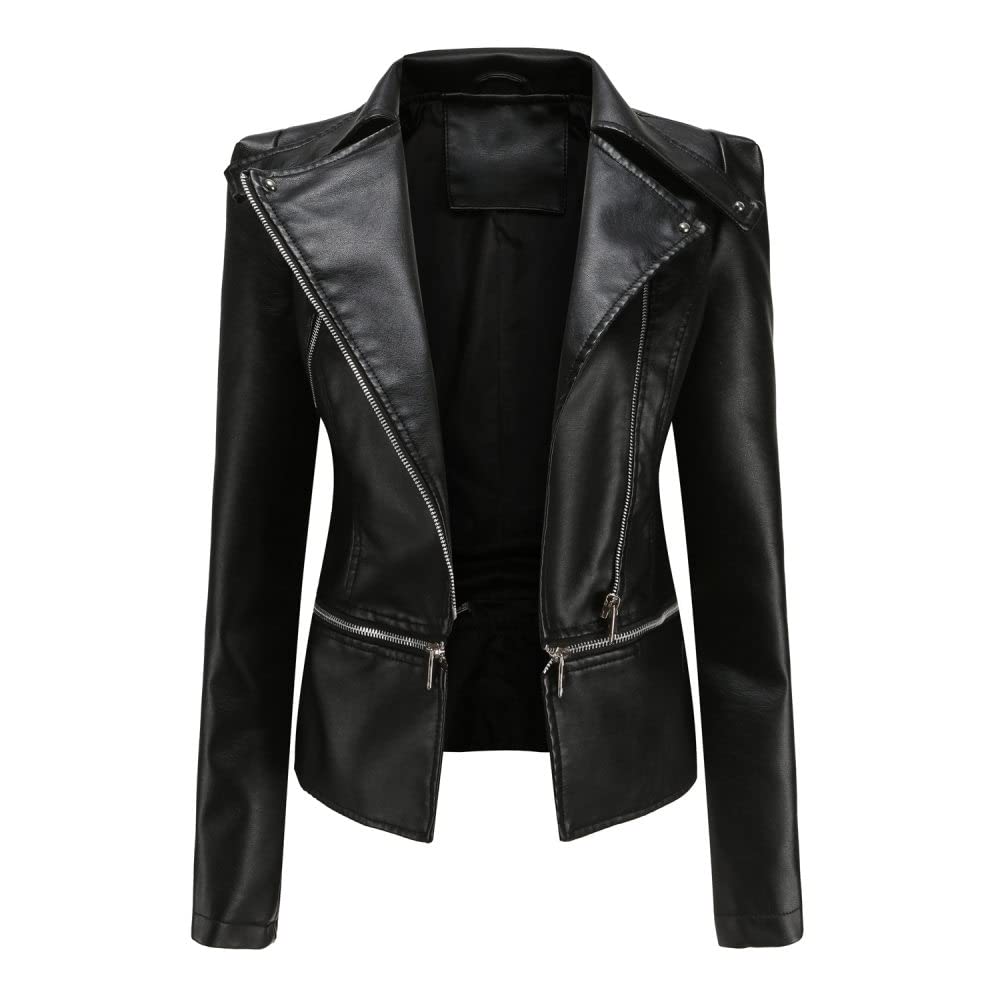 Chaqueta Mujer,Chaqueta De Piel Sintética Para Mujer, Solapa Negra, Cremallera, Pliegues En La Espalda, Dobladillo Desmontable, Vintage, Manga Larga, Corta, Ajustada, Moto Biker, Pu, ​​Abrigo, Bo