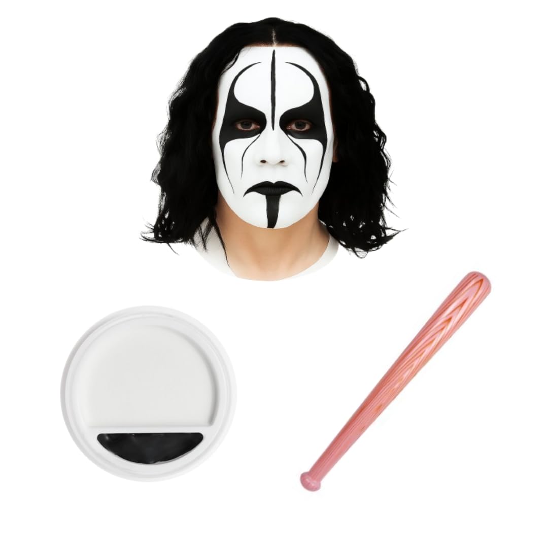 Sting Wrestling Icon Costume Accessory Set with Black Wig, Face Paint and Inflatable Bat – 90s Fancy Dress for Adults