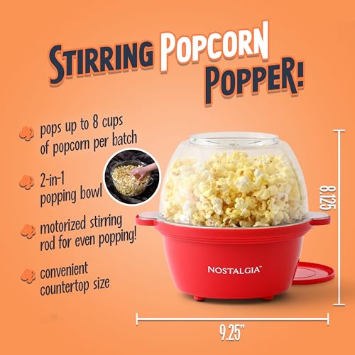 Nostalgia Electric Non-Stick Stirring Popcorn Machine with Hot Oil- Easy-To-Clean Popcorn Popper with Dual-Use Bowl & Cool-Touch Handles- Popcorn Maker for 8 Cups of Theater Style Popcorn- Red - image 2