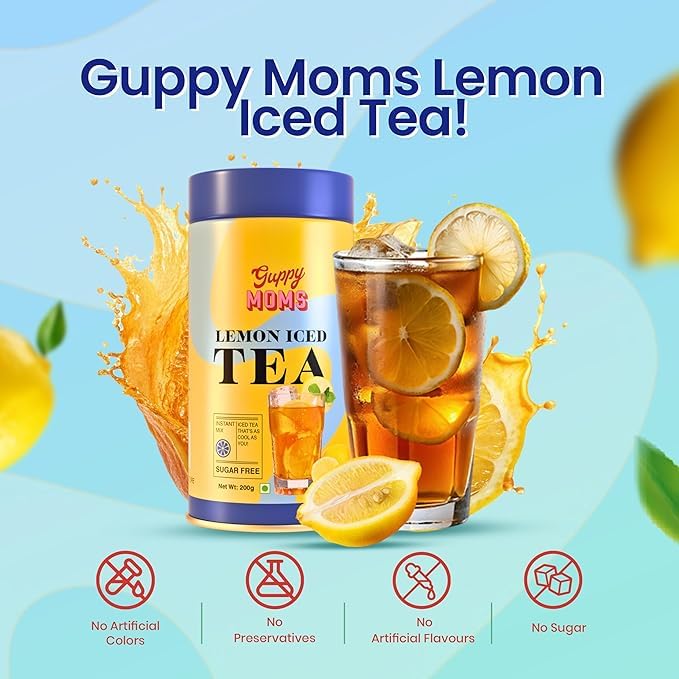 Image of Guppy Moms Lemon Iced Tea Powder - Sugar-Free & Refreshing Fruit Drink | Healthy Energy Drink Alternative & Premium Mixer | Aromatic, Easy to Prepare | 600g Pack (Pack of 3)