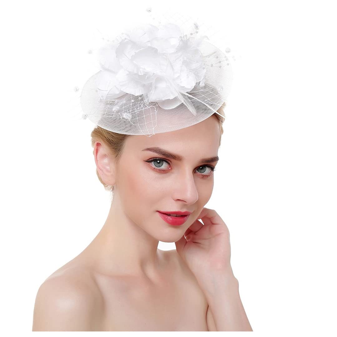 Copricapo da sposa, donna, con fiori, in rete e piume, for cocktail feste in chiesa(Navy)
