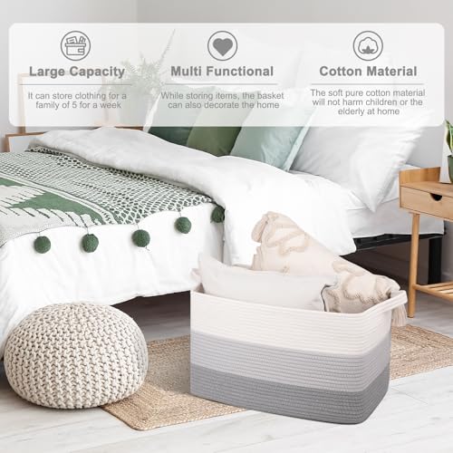 Image of OIAHOMY Large Blanket Basket, 65L Cotton Rope Woven Laundry Basket, Toy Bin for Baby Room, Container for Blanket Storage in Living Room, 20''x16''x12'', Gradient Grey