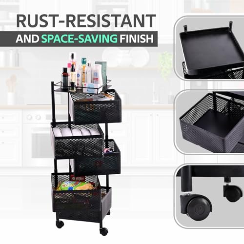 Image of Fun Homes 5 Layer Square Metal Vegetable Rack for Kitchen | Rotating Fruits & Pantry Items Stand | Multipurpose Kitchen Mesh Trolley Storage Rack with Wheels for Home | Onion-Potato Stand | Black