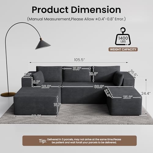 Image of 106 inch Cloud Sectional Boneless Couches for Living Room, Modular U Shaped Couch with Deep Seat, Removable Ottoman, Memory Foam Compressed Spineless 4 Seater Sofa for Bedroom Apartment, Grey