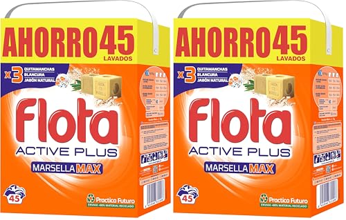 FLOTA | Marsella Max | Detergente Lavadora en Polvo | Ropa Blanca y de Color | Antimanchas y Antiolores | 45 Lavados (Paquete de 2)