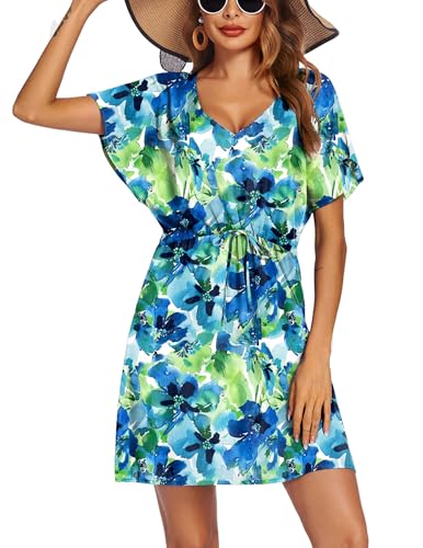 Image of Ekouaer Womens Swimsuit Coverup Short Sleeve Beach Cover Up Dress V Neck Bikini Beachwear