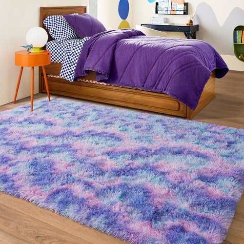 Rugs for Living Room 9x12, Soft Shaggy Modern Large Shag Area Rug for Bedroom, Upgrade Non-Slip Plush Fluffy Carpet for Kids Boys Girls Room Home Decor Aesthetic, Rainbow Purple