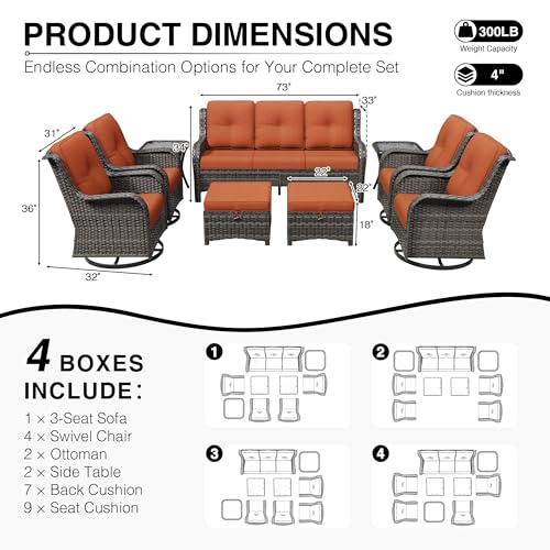 Image of Joyside 9 Piece Wicker Patio Furniture Set, Outdoor Swivel Rocker Patio Chairs with High Back, Deep Seating, Wide Armrest, Thickened Cushions, Outdoor Furniture for Deck, Porch Use