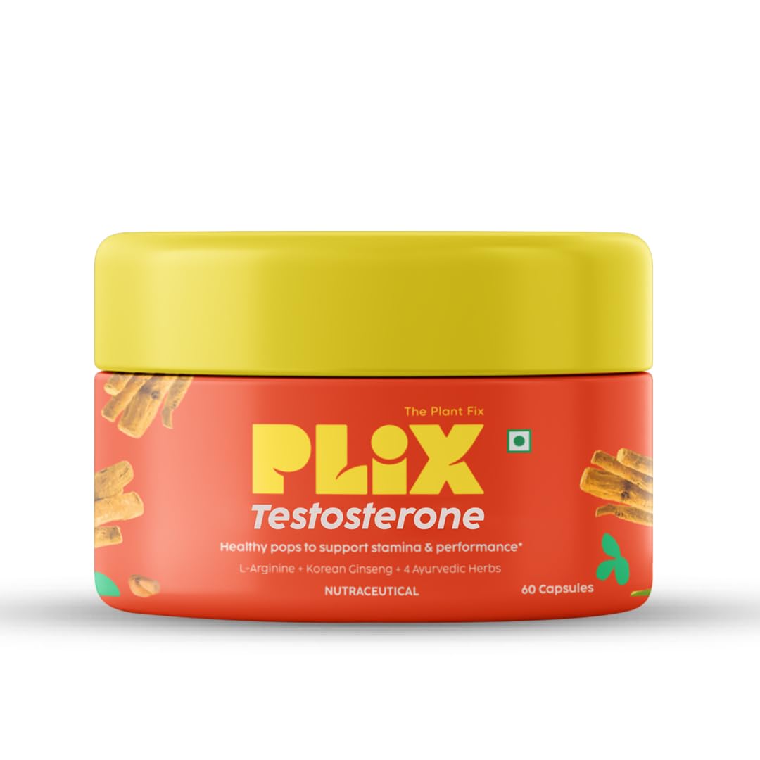 PLIX - THE PLANT FIX Herbal Testosterone For Men (With Korean Ginseng, L-Arginine, Ashwagandha & Gokshura), Caffeine-Free, 100% Vegan & No Added Preservatives, 60 Veg Capsules