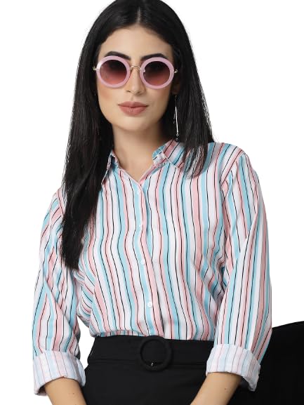 Image of Style Quotient Women Beige White Stripe Printed Formal Shirt