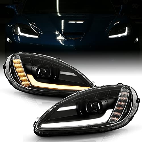 ACANII - For 2005-2013 Chevy Corvette C6 Black Switchback Sequential Signal Built-In LED Projector Headlights Left+Right