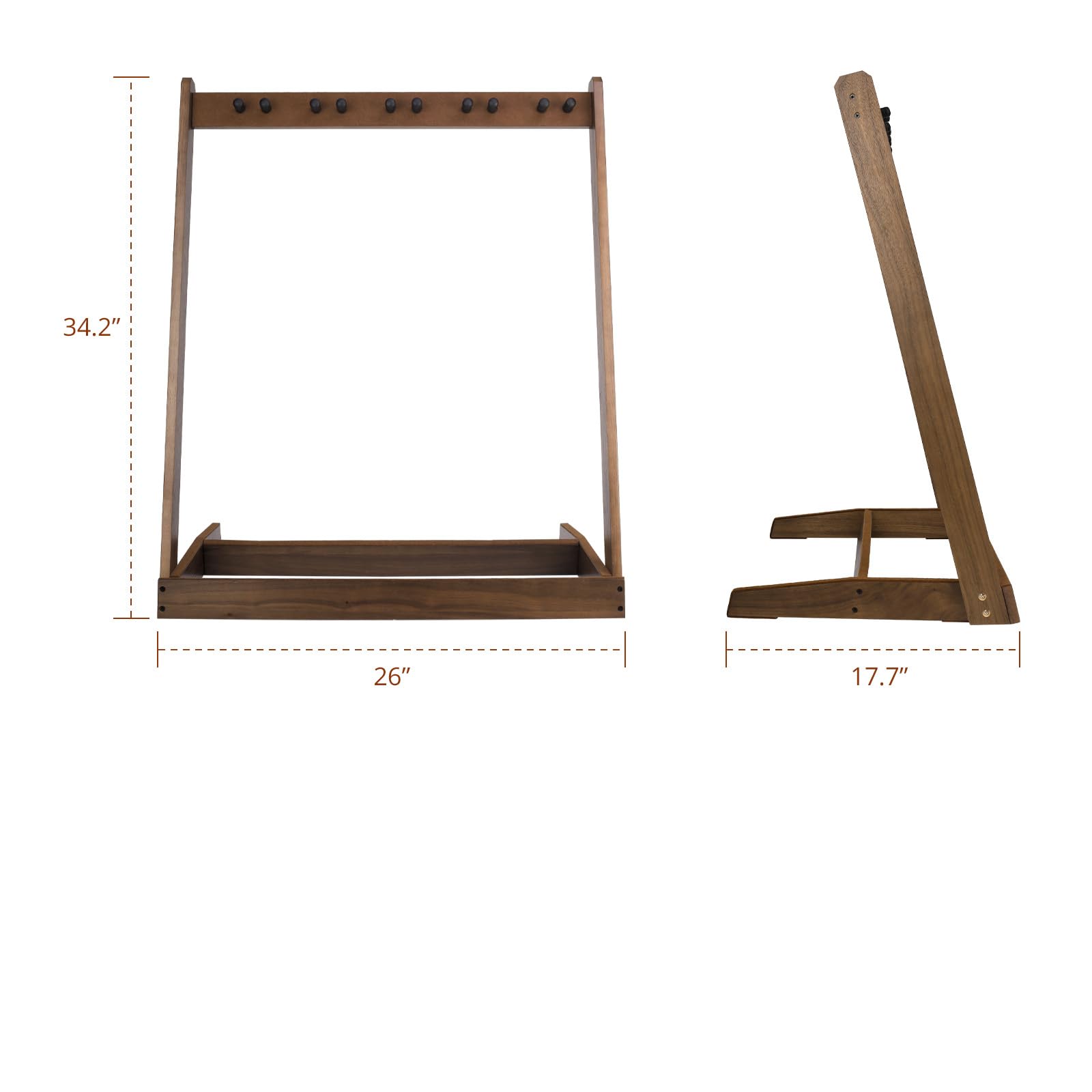 Supporto per chitarra in legno per 5 chitarre acustiche, elettriche o basse, con slot per plettri e spazio per 4 scatole