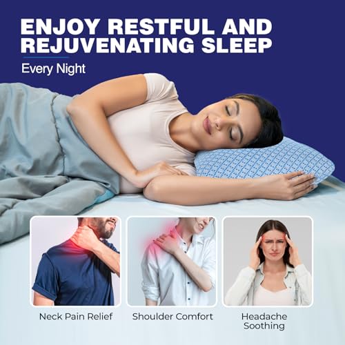 Image of WELLGIVER Ergonomic Memory Foam Pillow for Neck Pain | 2 Years Warranty | 21 x 14 x 4.5 Inch | Orthopedic Pillow for Side Sleeping | Removable Washable Jacquard Blue Cover | Pack of 2