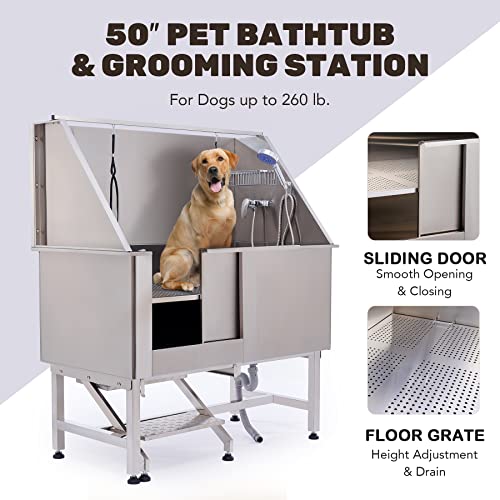 CO-Z Hundebadewanne 50'' Haustierbadewanne aus 304 Edelstahl mit Treppe, Professionelle Tierbadewanne Hundepflegewanne Hundedusche Hundepoolmit Duschkopf & Schiebetür für Hunde Tragfähigkeit 120kg