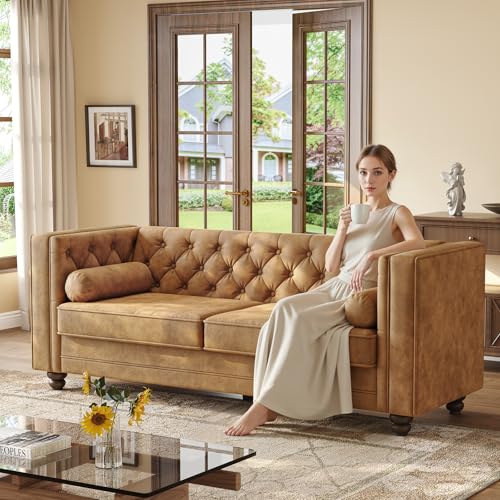 Image of ONBRILL 79'' Faux Leather Couch for Living Room, Comfy Chesterfield Button-Tufted Sofa with 2 Bolster Pillows and Wood Legs, Mid-Century Modern Deep Seat Couch for Apartment, Office, Caramel