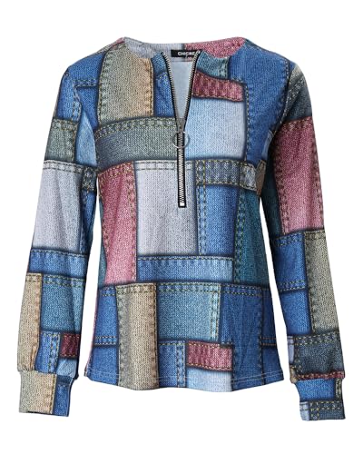 Women Striped Print Half Zipper Waffle Knit Tunic Crewneck Long Sleeve Pullover Shirt Loose Casual Blouse Top Work Streewear3