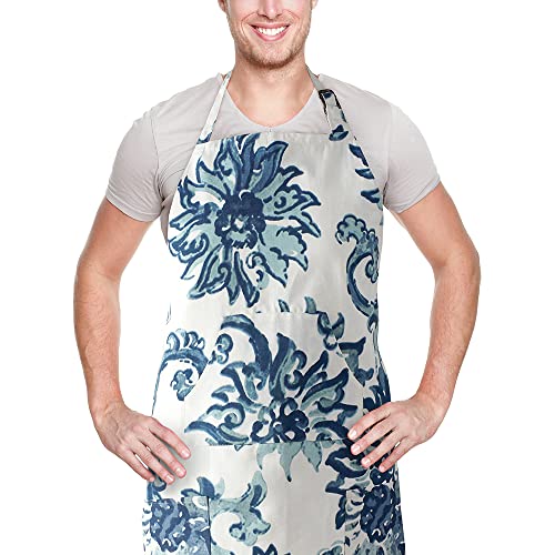 Image of HPD Half Price Drapes Aprons for Men Women with Large Pockets Adjustable Unisex PRTW-D40-AP Indonesian Printed Cotton, 27 X 34 Inch, Indonesian Blue