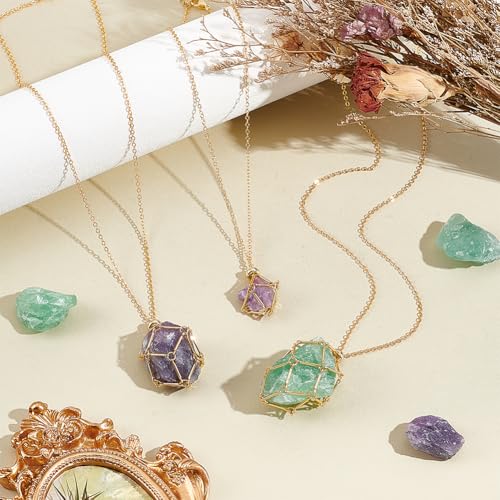 UNICRAFTALE 3Pcs 2-5.4cm 18K Gold Plated Adjustable Crystal Necklace Holder Empty Stone Holder Nets Necklace Pendant with Empty Crystal Cage Macrame Pouch for Pendant Necklaces Making - Image 2