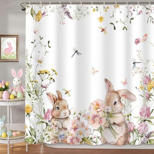 MEHOFOND Spring Easter Bunny Shower Curtains for Bathroom Cute Rabbits Floral Plant Watercolor Flower Shower Curtain Set with Hooks Home Bathroom Bathtubs Decor Washable Durable Fabric 72x72